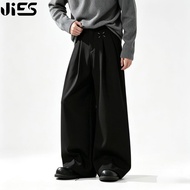 Jies Embroidery Semi-Elastic High Waist Suit Pants J019 (BLACK)