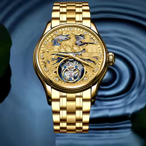 AESOP Men's Zodiac Gold Tourbillon Mechanical Hand-Wind Wrist Watch Luminous Dog Skeleton Design Hol