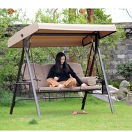 EHOME 3-Seat Outdoor Patio Porch Swing พร้อมโครงเหล็กทนต่อสภาพอากาศหลังคาเอียงปรับได้หมอนอิงและหมอนร