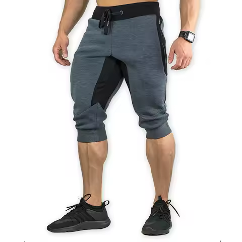 Men's Cotton Casual shorts 3/4 Jogger Capri Pants Breathable Below Knee Short Pants with Three Pocke