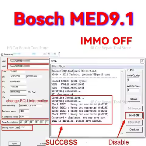 For Bosch MED9.1 ECU IMMO OFF Disable Software ECU Data File Disable Modification EEPROM/FLASH tool