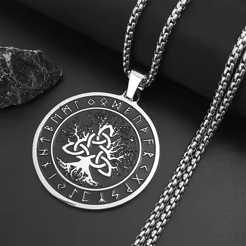Viking Odin Norse Amulet Rune Trinity Knot Necklace Stainless Steel Wicca Tree of Life Necklaces Jew