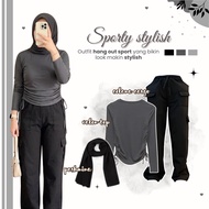 3in1 Baddie Style Outfit Set (Ruffled Blouse + Cargo Pants + Pashmina) One Set of Modern Hijab AA49