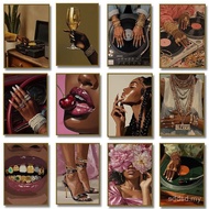 Black Woman Vinyl Record DJ Poster Luxury Nails Jewelry Wine Canvas Painting Print Wall Art Picture 