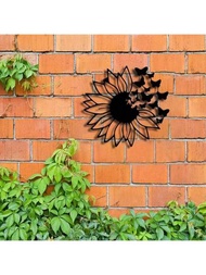 1件金屬手工藝品,中空黑色設計,春天、向日葵、蝴蝶、蜜蜂壁飾,室外牆面裝飾、木製柵欄裝飾、壁式花園裝飾
