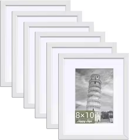 Set of 6 White 8x10 Picture Frames with Mat for 5x7 Photos, Wall or Tabletop Display, Durable and Ve