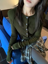 韓系綠色開襟毛衣女裝 短款修身針織外套 軟糯上衣- 墨綠色 均碼