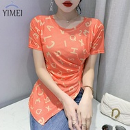 YIMEI เสื้อยืดผ้าโปร่งแขนสั้นสำหรับผู้หญิงเสื้อยืดผ้าโปร่งเข้ารูปพิมพ์ลายใหม่2023ฤดูร้อนแฟชั่นสไตล์ตะวันตก