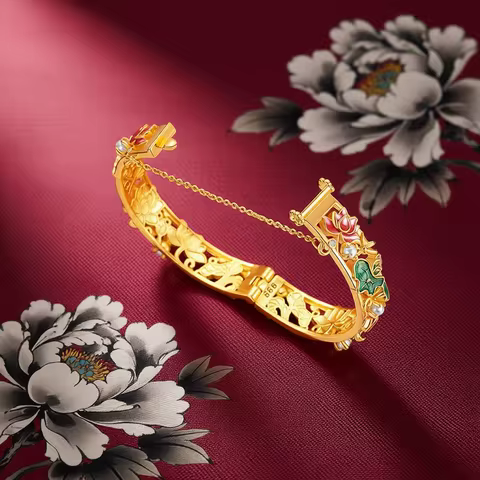 AU750 Gold Bracelet, Antique Enamel Orchid Design, 18K Retro Palace Filigree Inlaid Open Clasp Brace