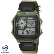 Casio AE-1200 AE-1200WHB-3B AE-1200WHB World Time Army Green Cloth Band Digital Sports Men Watch