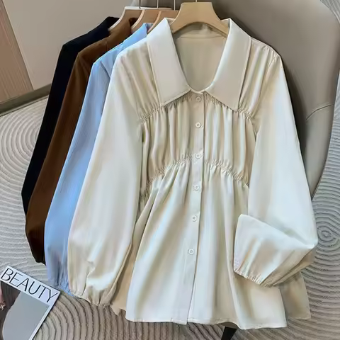 Korean Style Formal Shirts 2025 Large Size Blouses Long Sleeve Loose Turn-down Collar Button Woman B
