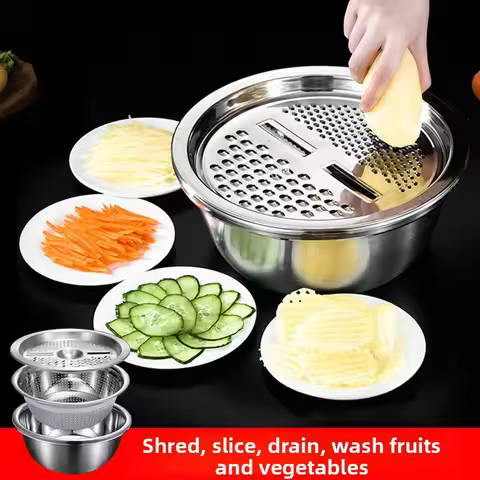 3PCS/1Set Vegetable Slicer, Stainless Steel Slicer, Potato Slicer, Vegetable Washing Basin, Drain Ba