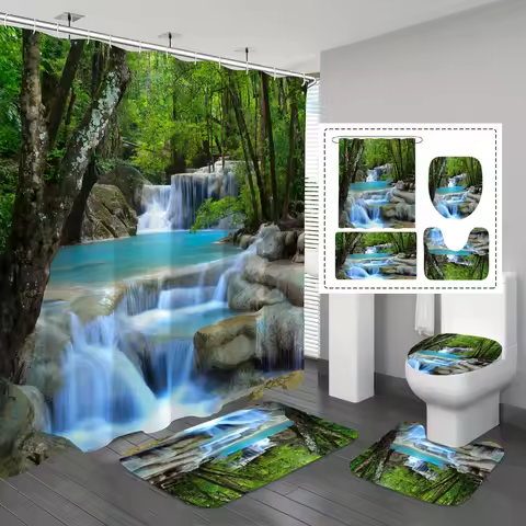 Serene Waterfall Bathroom Four-Piece Set - Stunning 3D Forest and Waterfall Design for a High-Elegan