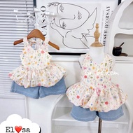 QUẦN ÁO BÉ  GÁI-Sét yếm hoa babydoll chun lưng+quần bò cho bé gái từ 10-30kg annakids