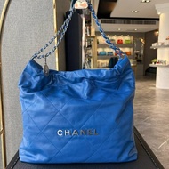 CHANEL 小牛皮 22包 中款 藍色 晶片款