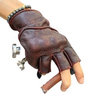 真皮手套，深紅色，復古咖啡館賽車手，經典風格，半指騎車手套。