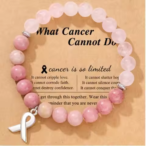 1Pcs October Breast Cancer Awareness Pink Ribbon Natural Stone Bracelet Elastic With Message Card Je