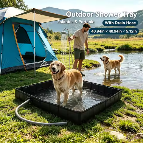 Foldable Shower Basin with Drainage Pipe, 40.94" x 40.94" x 5.12", Portable Outdoor Tub for Tent Sho