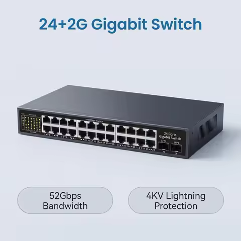 24 Port Gigabit Non-Managed Network Switch 2 SFP Ports 52Gbps Bandwidth 4KV Lightning Protection Plu