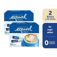 Equal Classic Zero Calorie Sweetener 50 Sticks - 2 Boxes (Sugar Substitute, Diabetic Friendly)