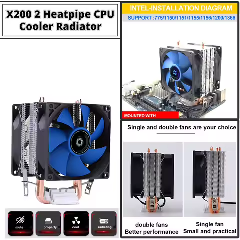 2 Heatpipes CPU Cooler Radiator Silent PWM 3PIN For Intel LGA 1150 1151 1155 1200 1366 2011 AM2/AM2+