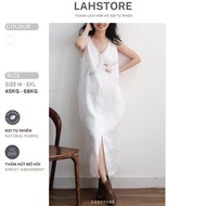 LAHSTORE 2-layer straight linen dress Sleeveless V-neck with youthful floral embroidery DS11 (White)