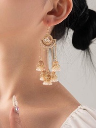 1對女式復古合金鑲鑽流蘇鈴鐺耳環，日常佩戴