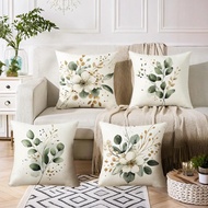 Set of 4, Floral Decorative Throw Pillow Cover, 18x18 inch, White with Sage Green Leaves, Hidden Zip