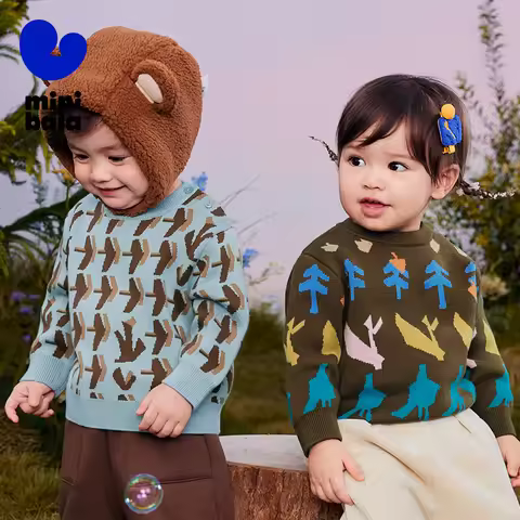 Mini Bala Round Neck Sweater For Babies Boys and Girls 2024 Winter New Style Knitwear Warm Sweater B