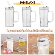JANELAXE932QW Transparent Glass Cup, Heat Resistant Square Coffee Cup, Stylish With Lid and Straw Ju