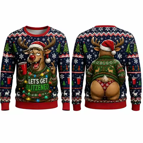 Lets Get Blitzened Reindeer Christmas Sweatshirt 3D Print Crewneck Unisex New Funny Ugly Xmas Party 