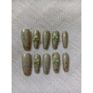Handpainted Greenish Glitter Bow Nail Set Size XS