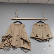 ฤดูร้อน ลำลอง หลวม Fit เสื้อฮู้ด และขากว้าง กางเกงขาสั้น Set Womensuper衣me成