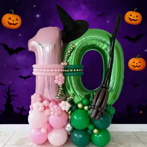 51pcs Wicked Themd Birthday Party Decoration Magic Witch Balloon 32inch Pink Green Number Balloon Bo
