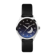 Timex TW2V49200 DRESS นาฬิกาข้อมือผู้หญิง สายหนัง สีดำ หน้าปัดกริตเตอร์สีน้ำเงิน