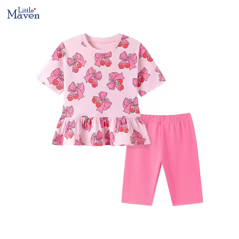 Little maven Baby Girls 2026 Summer New Tracksuit Cotton Children's Clothing Sets Cartoon Bowknots T