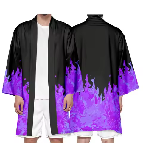 Colorful Flame Print Yukata Men Women Fashion Cardigan Blouse Haori Obi Asian Clothes Harajuku Japan