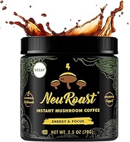 Organic Instant Mushroom Coffee by NeuRoast - Low Acid - Five Superfood Mushrooms including Lion's Mane and Cordyceps - Super Focus and Energy - 35 Servings (Decaf)