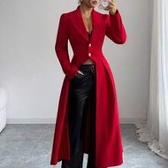 Women's Elegant Vintage Red Winter Cinched Waist Front Slit Maxi A-Line Coat,Formal Blazer Dress For