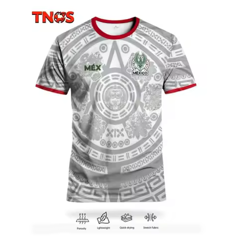 Mexico Aztec Sun Stone 3D Print T-Shirt Grey White Red National Emblem Breathable Quick-drying Cultu