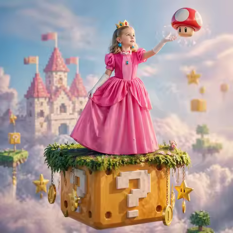 Princess Peach Style Dress Up Costume Set for Little Girls Birthday Carnival Party Role Play Outfit 