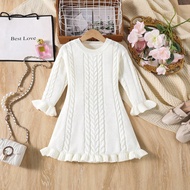 1pc Girls' Sweater Dress, Sweet Style, Classic Cable Knit, Round Neck, Ruffle Trim At Sleeve Cuffs A