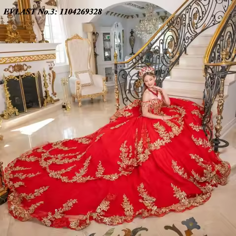 EVLAST Customized Glitter Red Quinceanera Dress Ball Gown Gold Lace Applique Beading Tiered Sweet 16