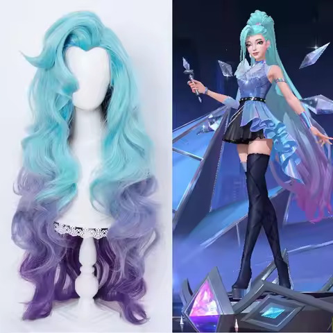 LoL KDA Seraphine Cosplay Wig Women Loose Wavy Long Green Mixed Purple Wigs Heat Resistant Synthetic