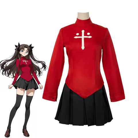 Anime Fate Stay Night Tohsaka Rin Cosplay Costume Rin Red Top Black Pleated Skirt Outfit Halloween C