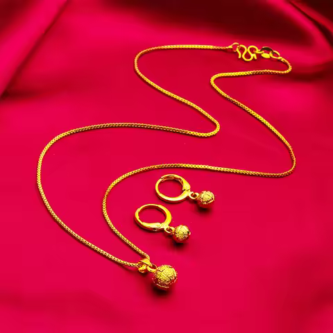 24K Gold AU999 Patterned Bead Earrings-Necklace Set - 3D Patterned Bead Relief + Gradient Gold-Plati