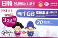 (已升級每日3GB)6日通話【日韓】日本 韓國 4G/3G無限上網卡數據卡Sim卡電話咭 (每日首3GB高速數據)[C35]