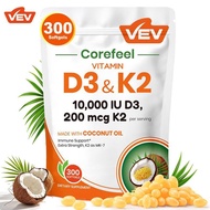 VEV Vitamin D3 K2 10000 IU, 2 in 1 Vitamins  D & K, Virgin Coconut Oil, 300 Softgels