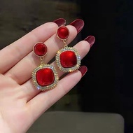 Diamond Red Pearl Geometric Round Square Earrings Fashion Benming Earrings Influencer Earrings