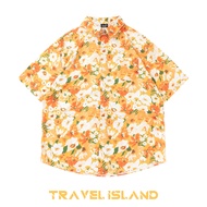 Travel Island Orange Hue Artistic Flower Print Short Sleeve Casual Shirt for Youth Summer Weezy Loos